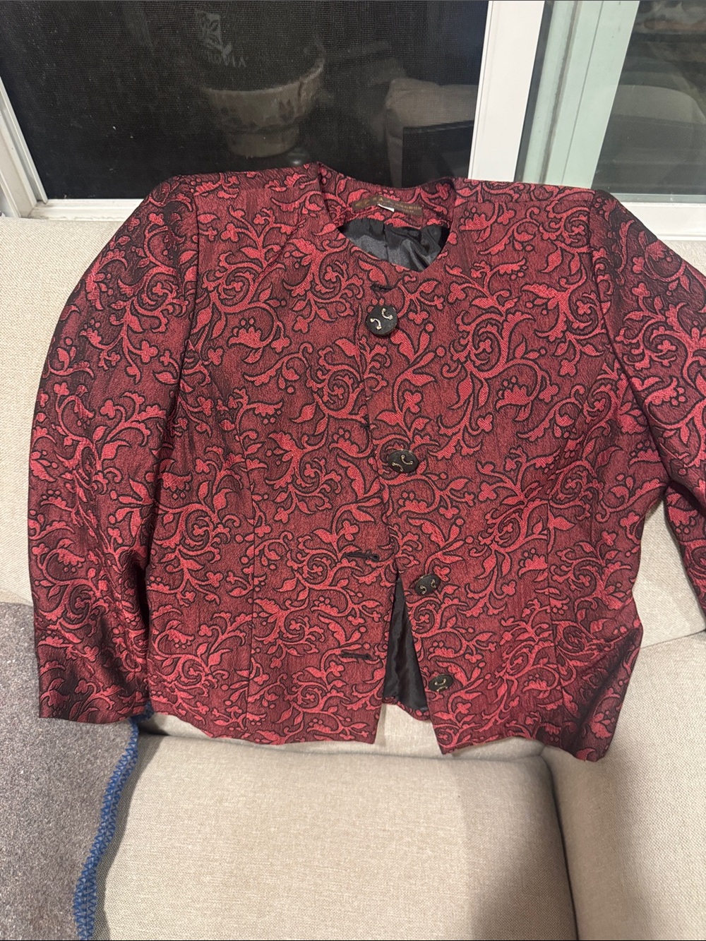 Women's Red Floral Jacquard Button Blazer